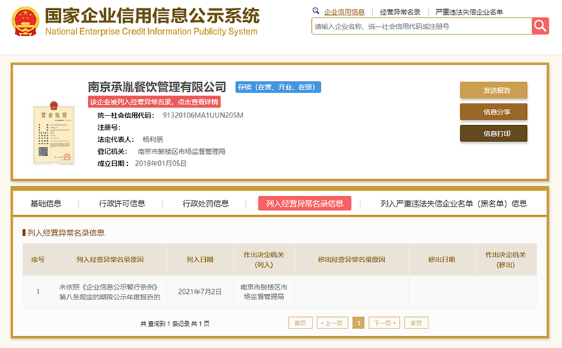 7月2日,小杨生煎关联公司南京承胤餐饮管理因未依照《企业